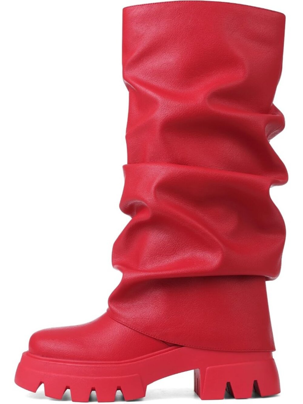 Women's Red Wide Calf Pleated Platform Boots Glitter Metallic Fold Over Boots